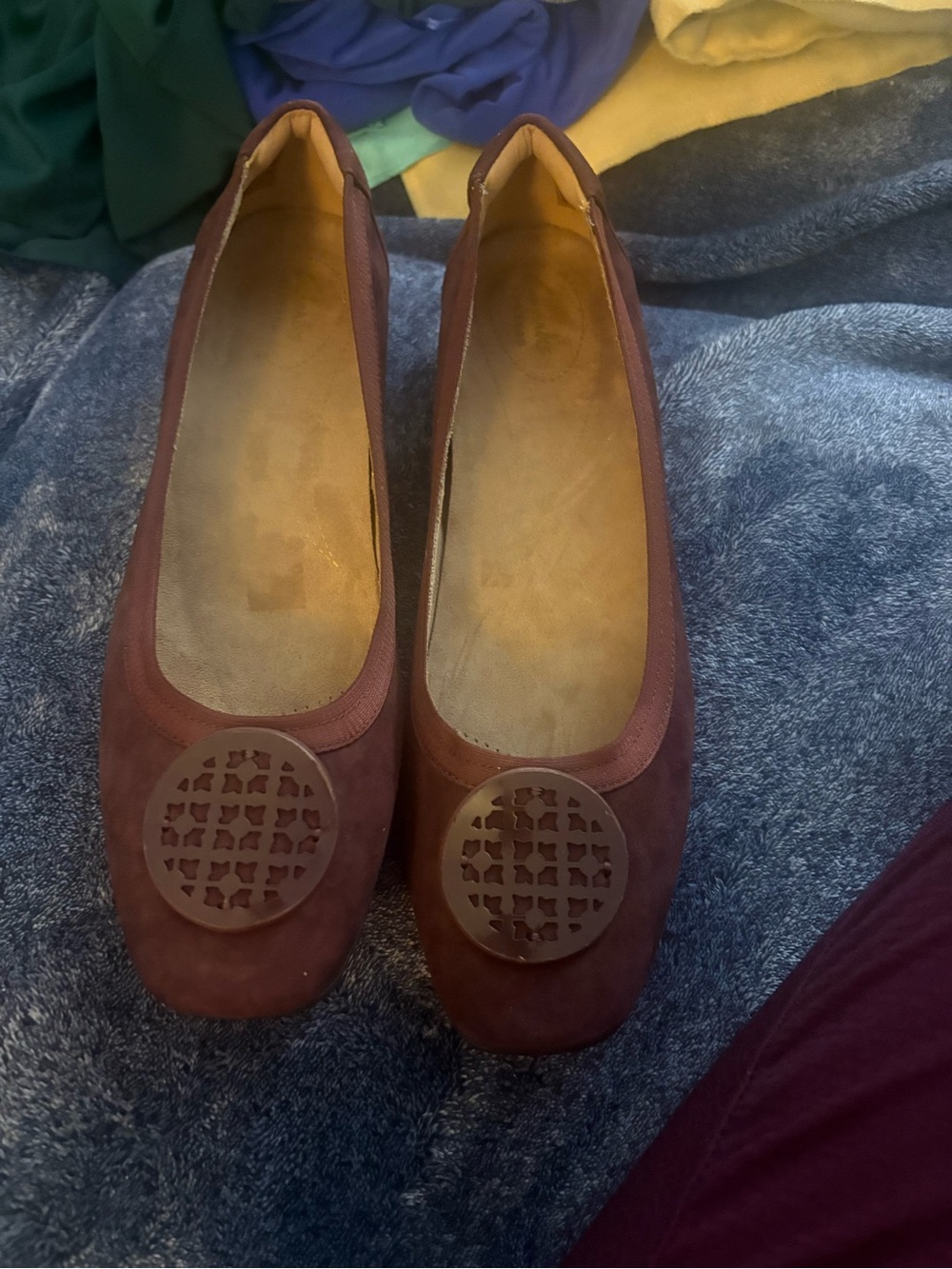 Clarks Women's Burgundy Suede Flats with Round Medallion